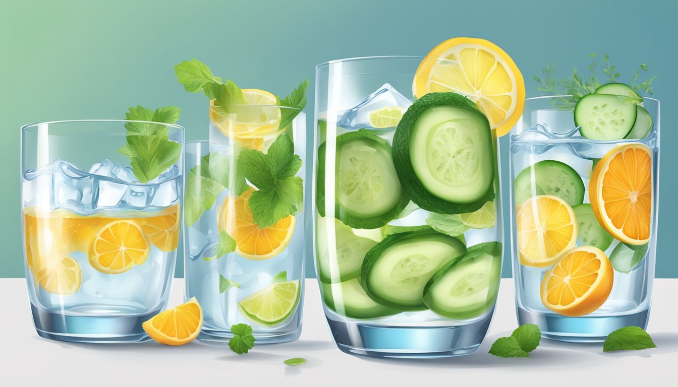 A clear glass of water with various healthy additives floating in it, such as sliced fruits, herbs, and cucumber slices