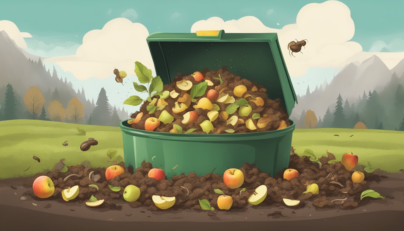 A pile of apple cores and other organic waste decomposing in a compost bin, surrounded by earthworms and emitting steam