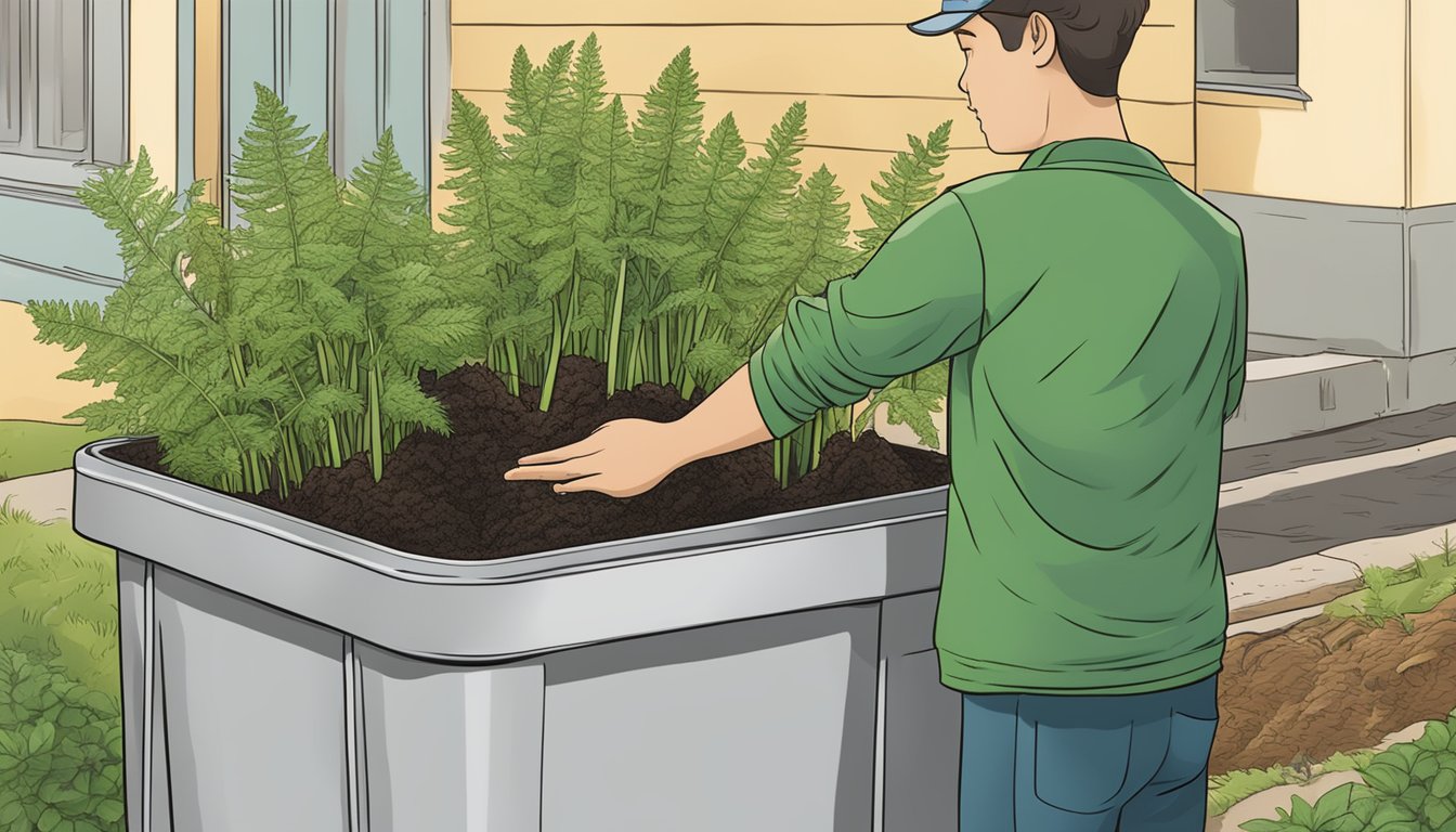 A person adding asparagus ferns to a compost bin, with a caution sign nearby