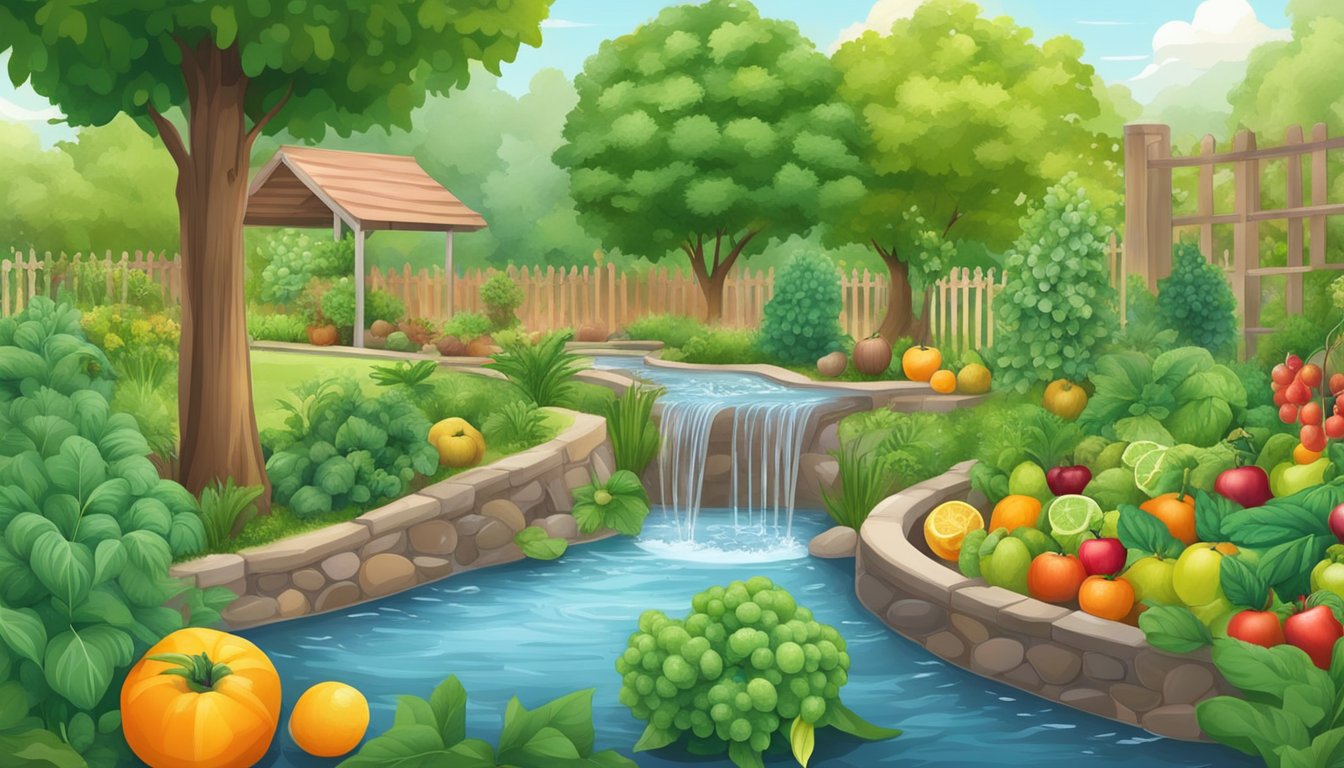 A lush green garden with a variety of fruits and vegetables being watered by a gentle stream of water from a sustainable irrigation system