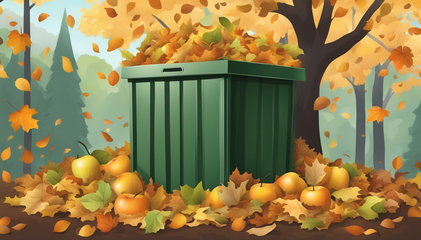 A compost bin surrounded by fallen leaves and apple cores