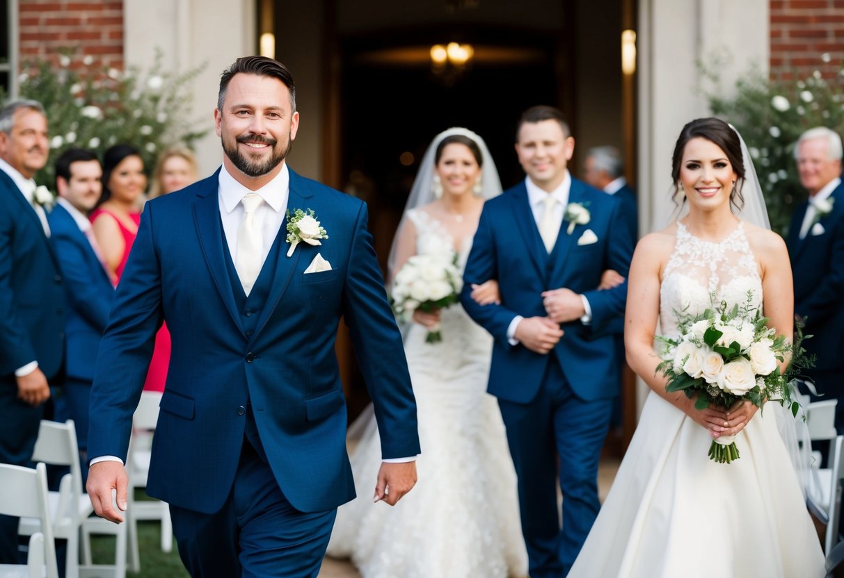 The groom walks out first at a wedding, followed by the bride
