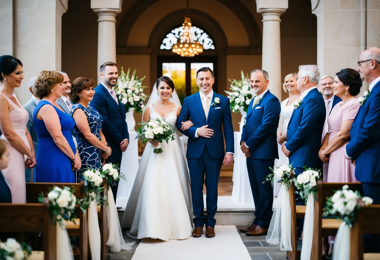 A bride and groom stand at the altar, surrounded by family and friends. The bride's family waits for her to walk out first, while the groom's family waits for him to walk out first