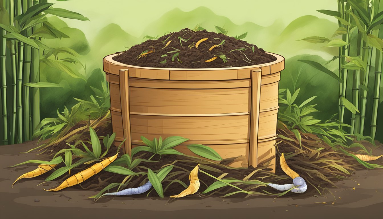 A pile of bamboo products surrounded by organic waste in a compost bin, with earthworms and microorganisms breaking down the materials