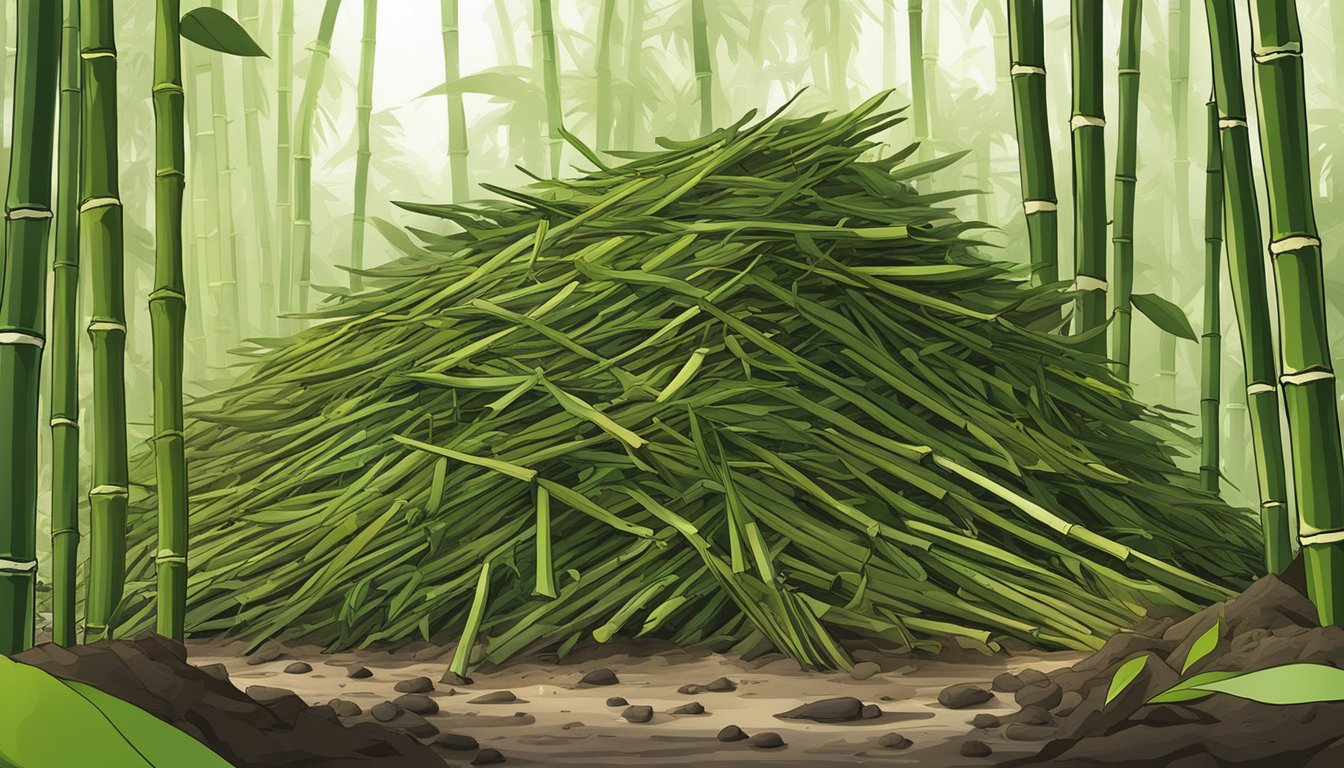 Fresh green bamboo stalks are piled onto a compost heap, surrounded by decomposing organic matter. The bamboo is gradually breaking down and blending into the rich, dark compost