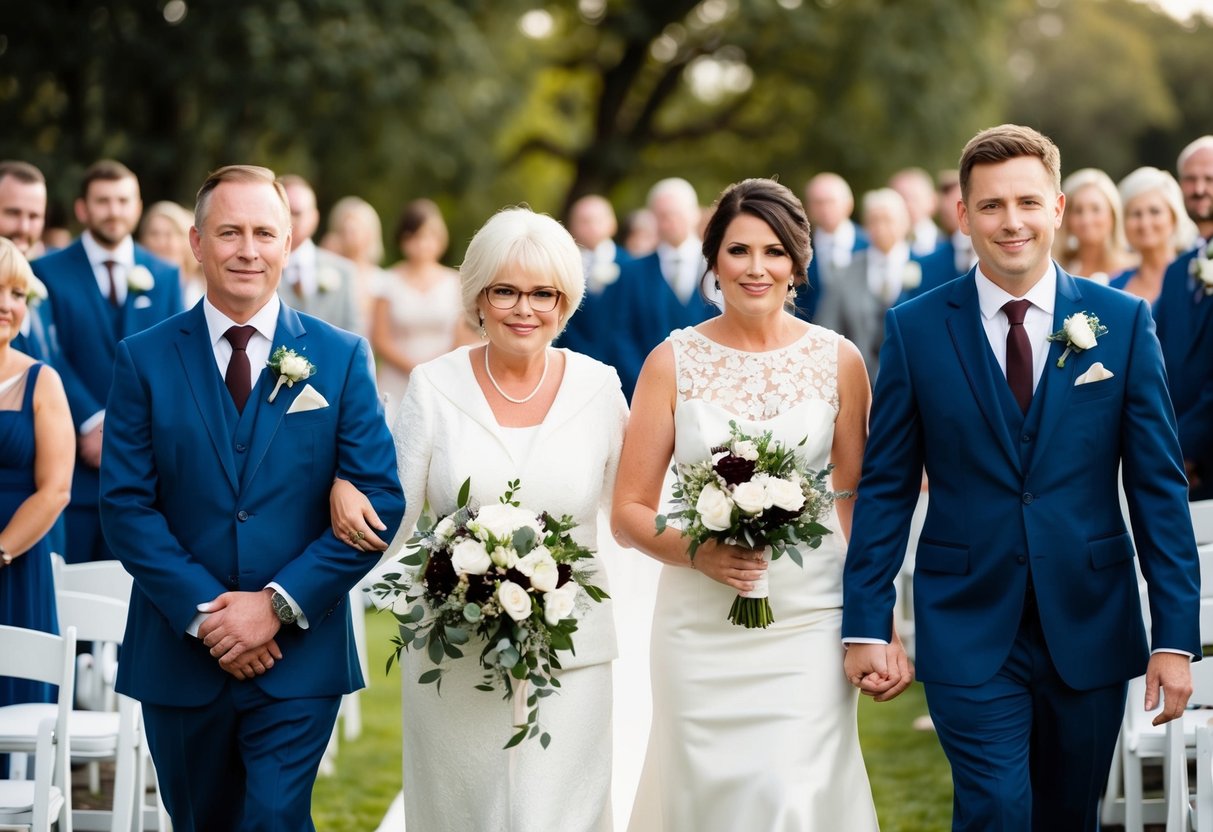 A proud mother walks alongside the mother of the groom, offering support and guidance as they make their way down the aisle