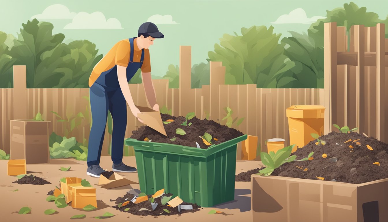 A person placing various cardboard items into a compost bin, surrounded by a pile of cardboard and a small shovel for troubleshooting