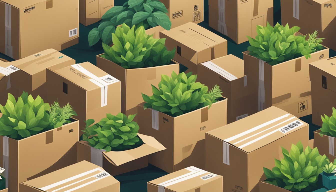 A pile of cardboard boxes surrounded by various compostable materials, with green plants growing nearby