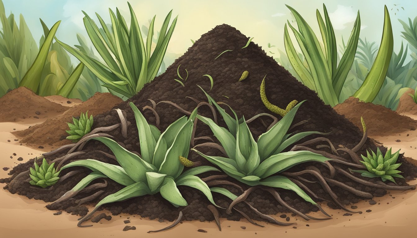 A pile of compost with aloe vera leaves and stems breaking down, surrounded by healthy soil teeming with earthworms and microorganisms