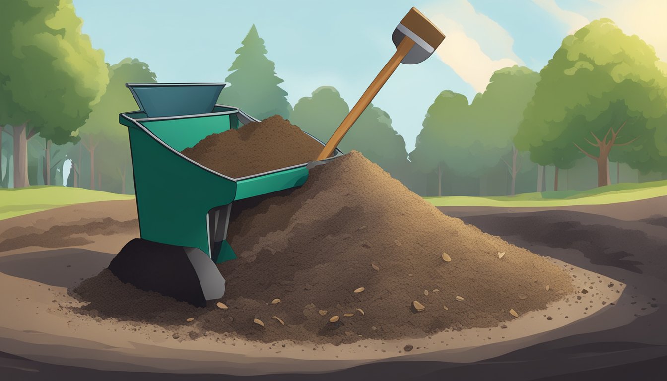 Ashes being gently mixed into a pile of compost, with a shovel nearby