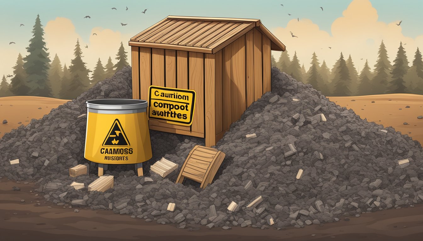 A compost bin with a pile of wood ashes next to it, surrounded by caution signs and a warning label