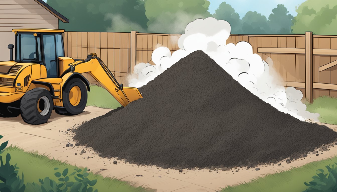 A pile of wood ashes being carefully mixed with compost material in a designated composting area, following best practices for incorporating ashes into the compost pile