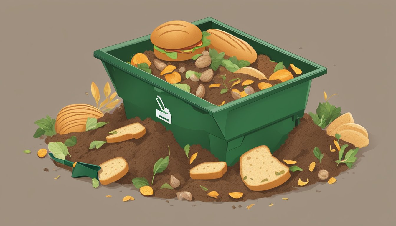 A pile of bread scraps and food waste being mixed into a compost bin with a shovel. Green and brown materials are layered for proper decomposition