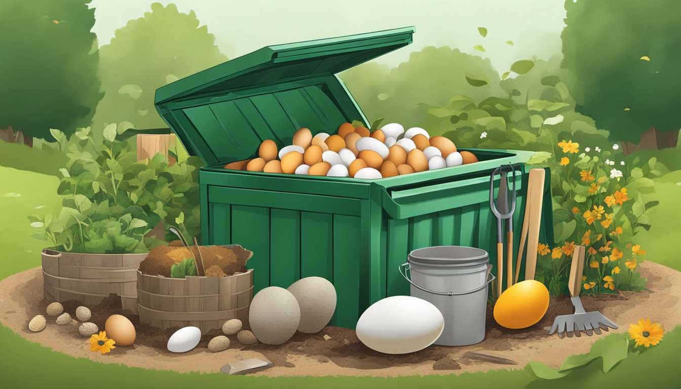 A compost bin filled with whole eggs, surrounded by organic waste and gardening tools