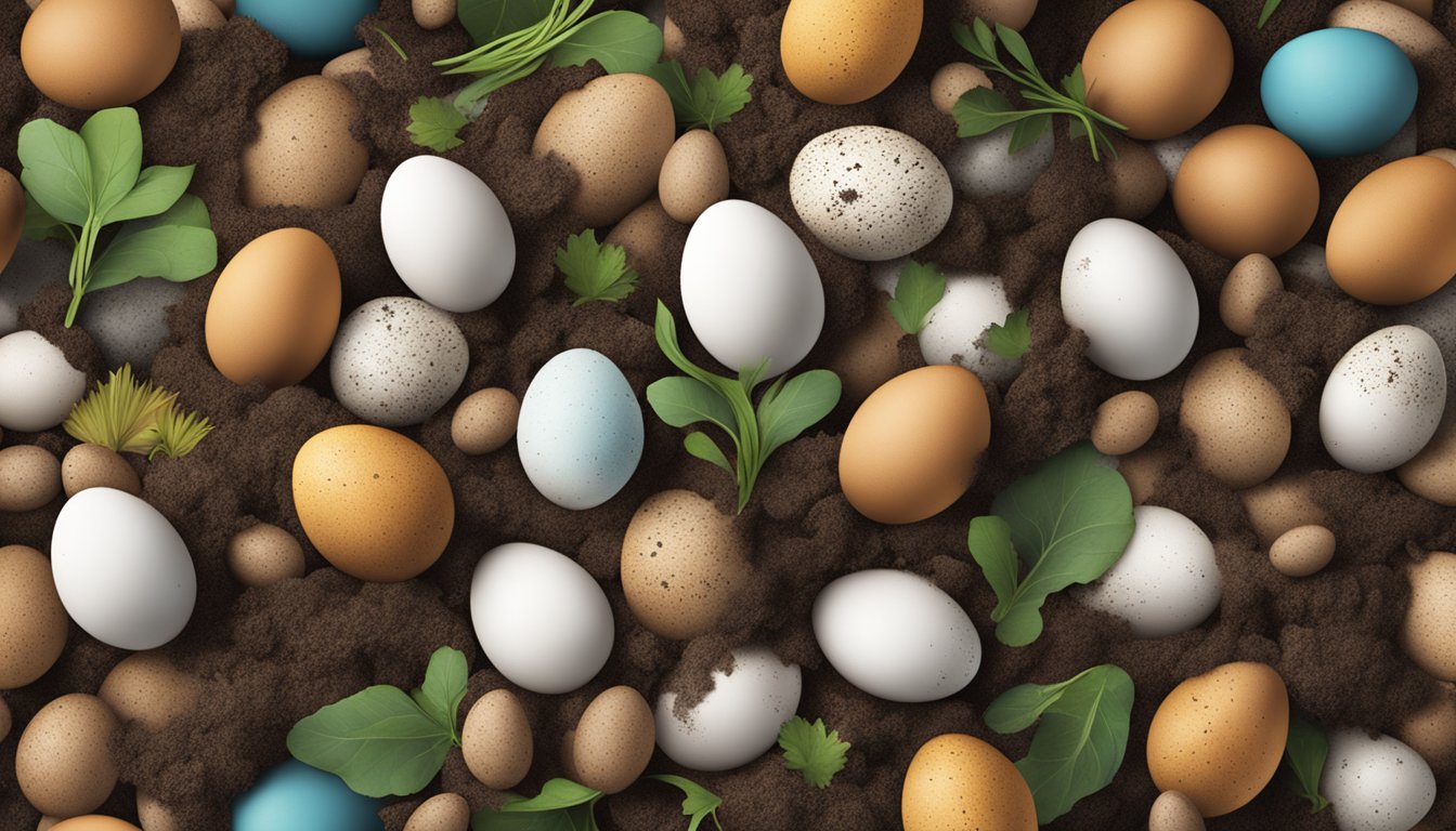 A pile of compostable materials, including whole eggs, surrounded by organic waste and decomposing matter