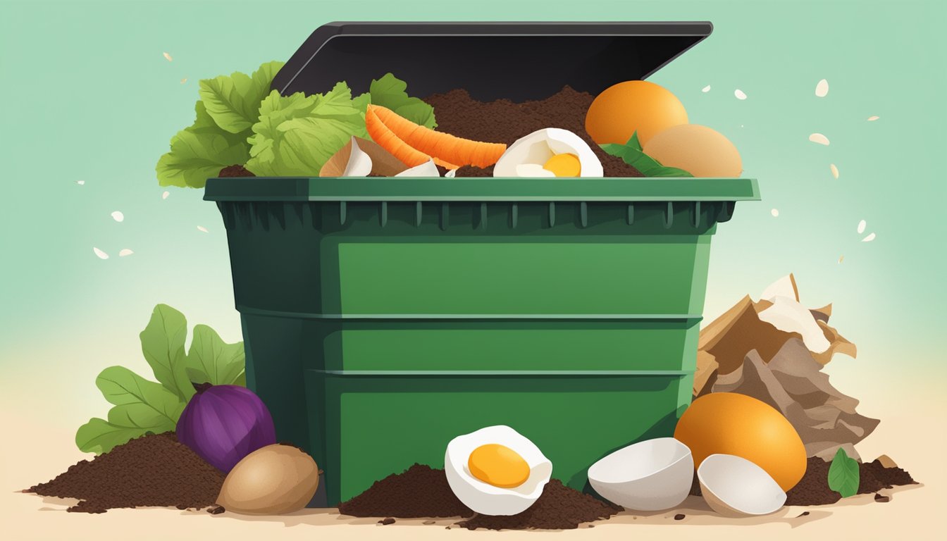 A pile of compostable materials, including fruit and vegetable scraps, coffee grounds, and eggshells, is neatly arranged in a compost bin