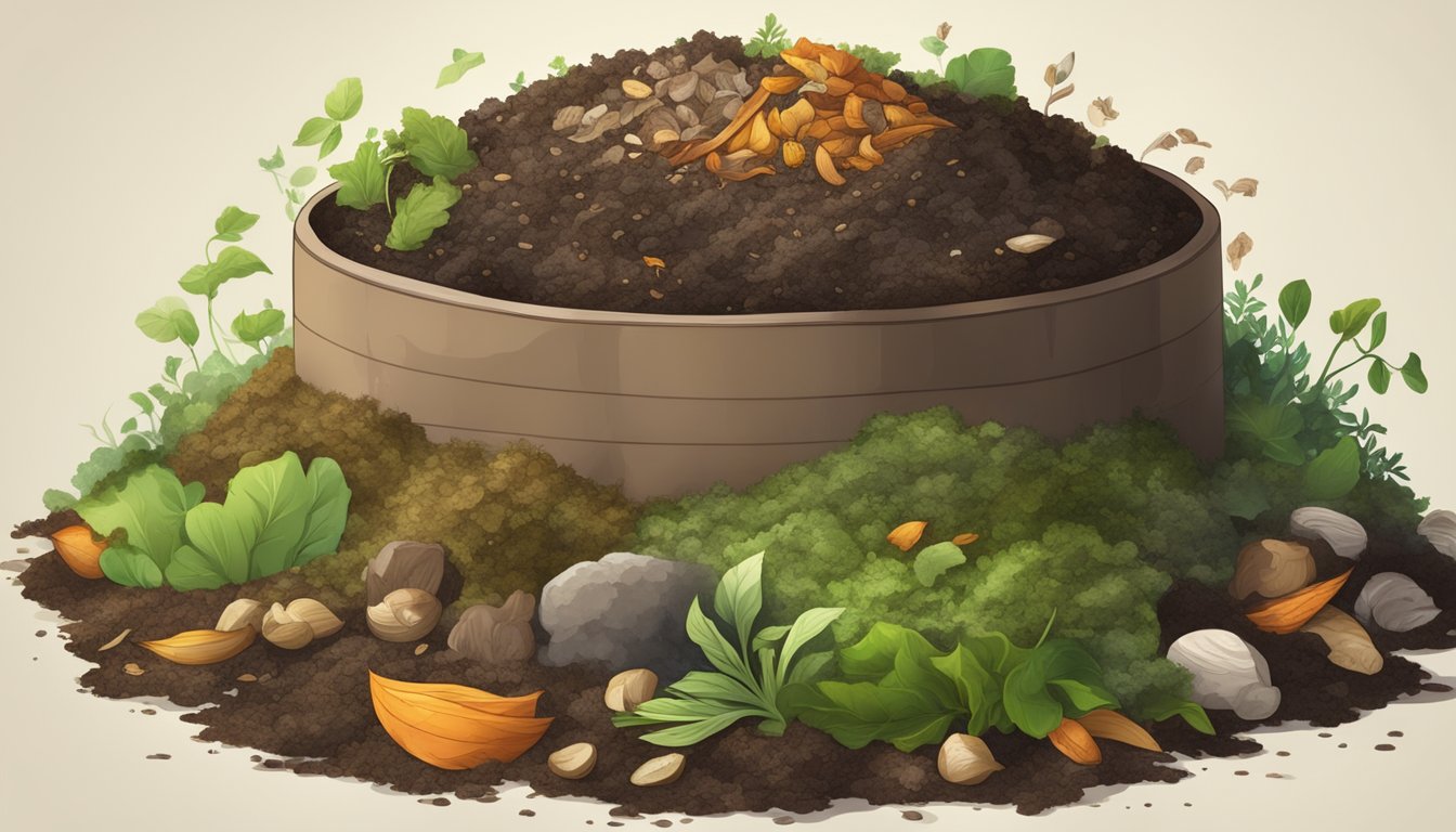 A compost pile with layers of organic matter, including cooked food scraps, surrounded by a mix of green and brown materials, with steam rising from the decomposing heap