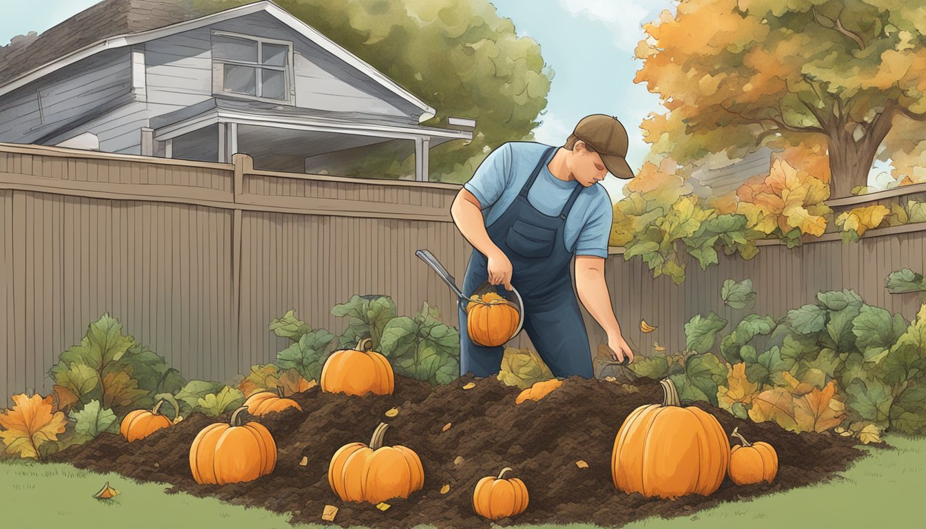 A person adding pumpkin to a compost pile in a backyard garden