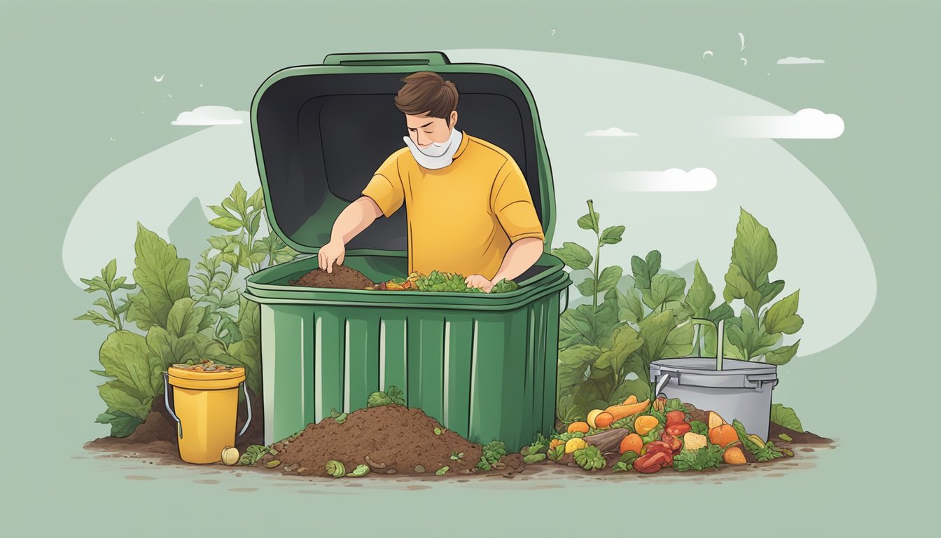 A person adding cooked food to a compost bin, with a question mark above the food