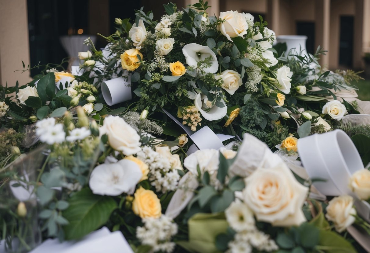 A pile of discarded wedding decorations and accessories, including unused expensive floral arrangements and overpriced table centerpieces