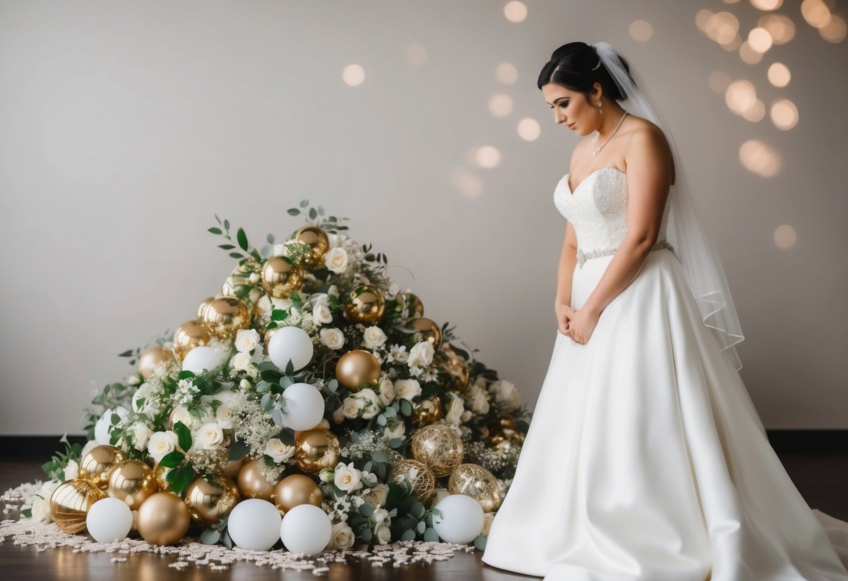 A bride looking at a pile of expensive wedding decorations and feeling regretful