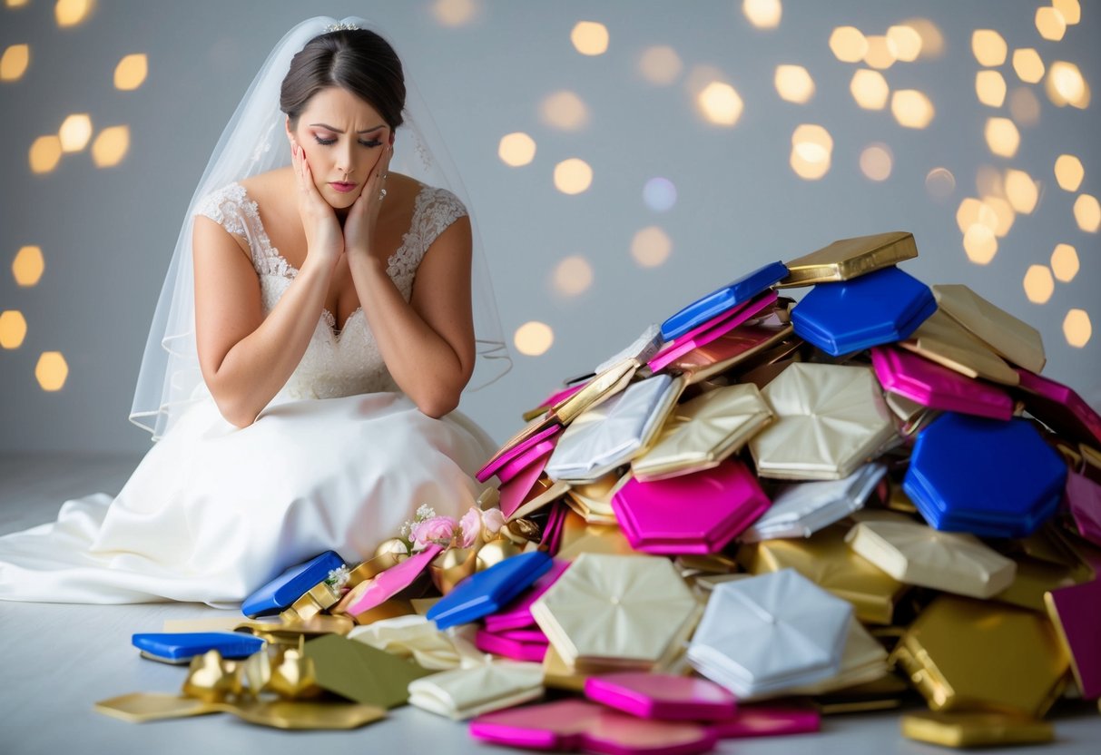 A bride looking disappointed while staring at a pile of unused wedding decorations and favors