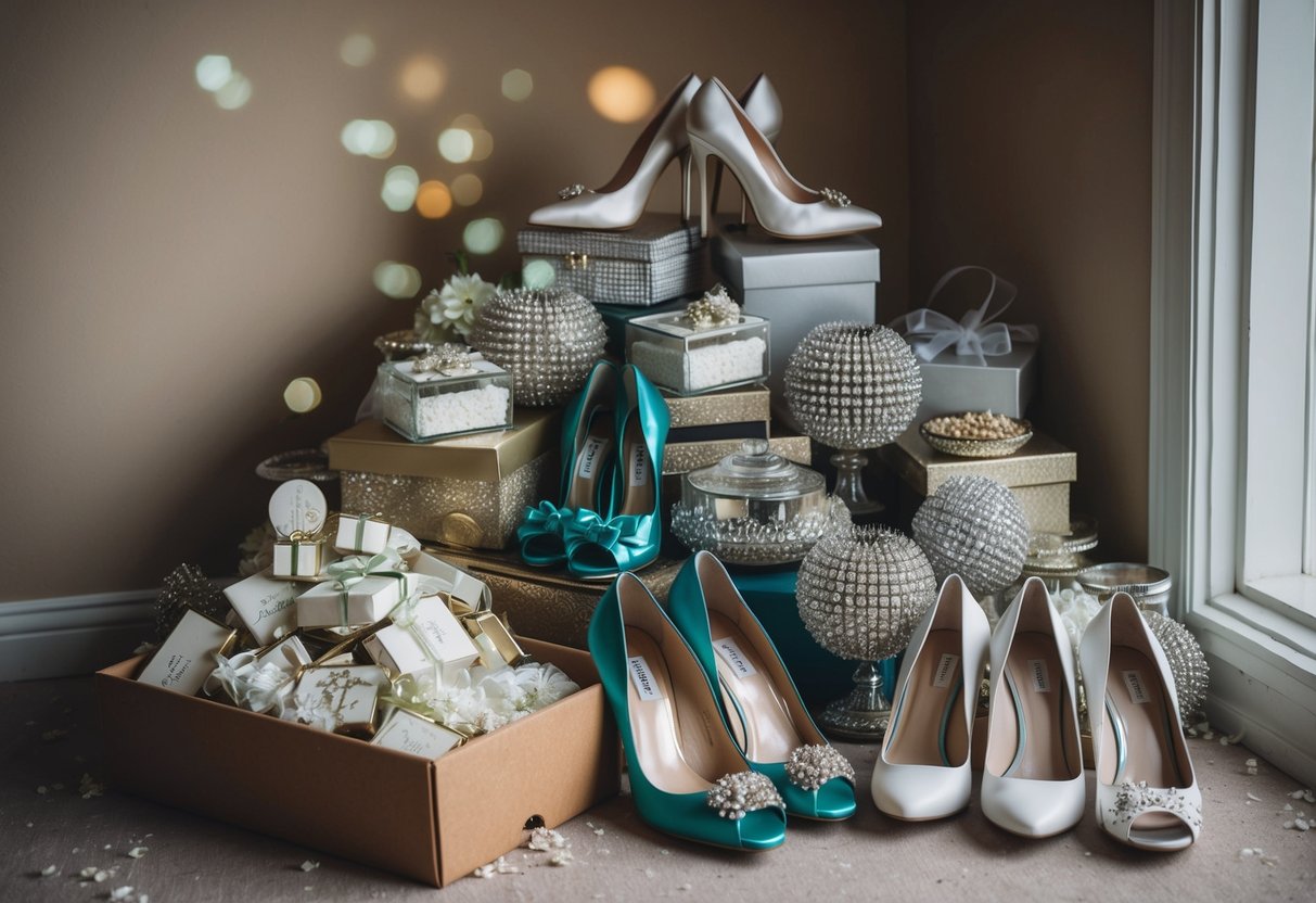A pile of unused wedding favors, a box of expensive but never-worn shoes, and a collection of overly extravagant centerpieces gather dust in a forgotten corner