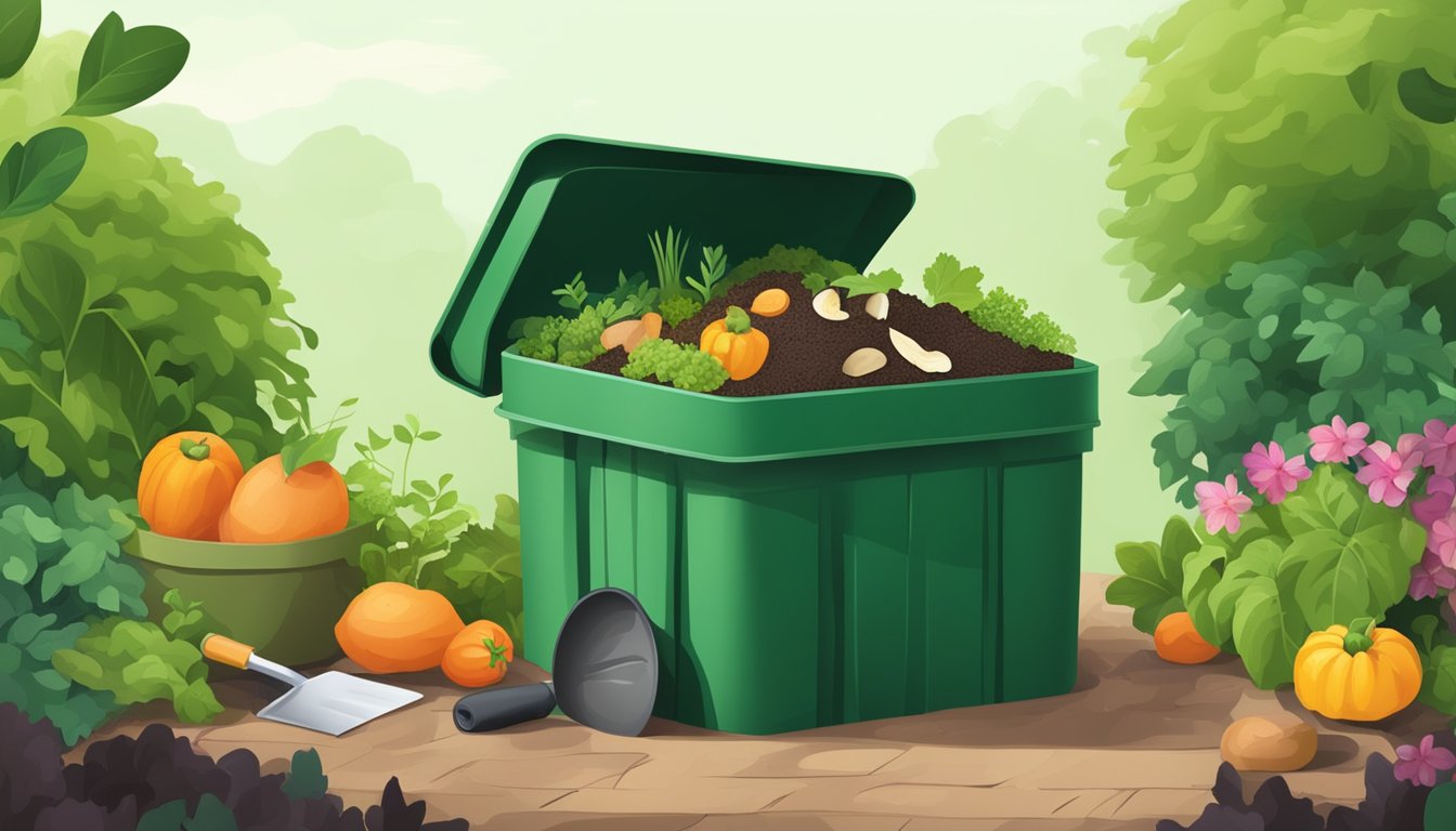 A compost bin filled with a mix of kitchen scraps, including cooked food, surrounded by greenery and a small garden shovel