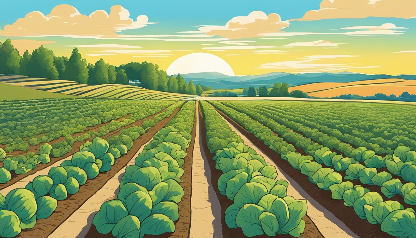 A sunny South Dakota garden with rows of thriving vegetable plants, surrounded by a backdrop of rolling hills and clear blue skies