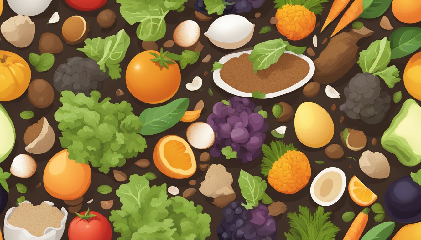 A variety of food scraps, including fruits, vegetables, and eggshells, are piled together in a compost bin surrounded by a mix of soil and organic material