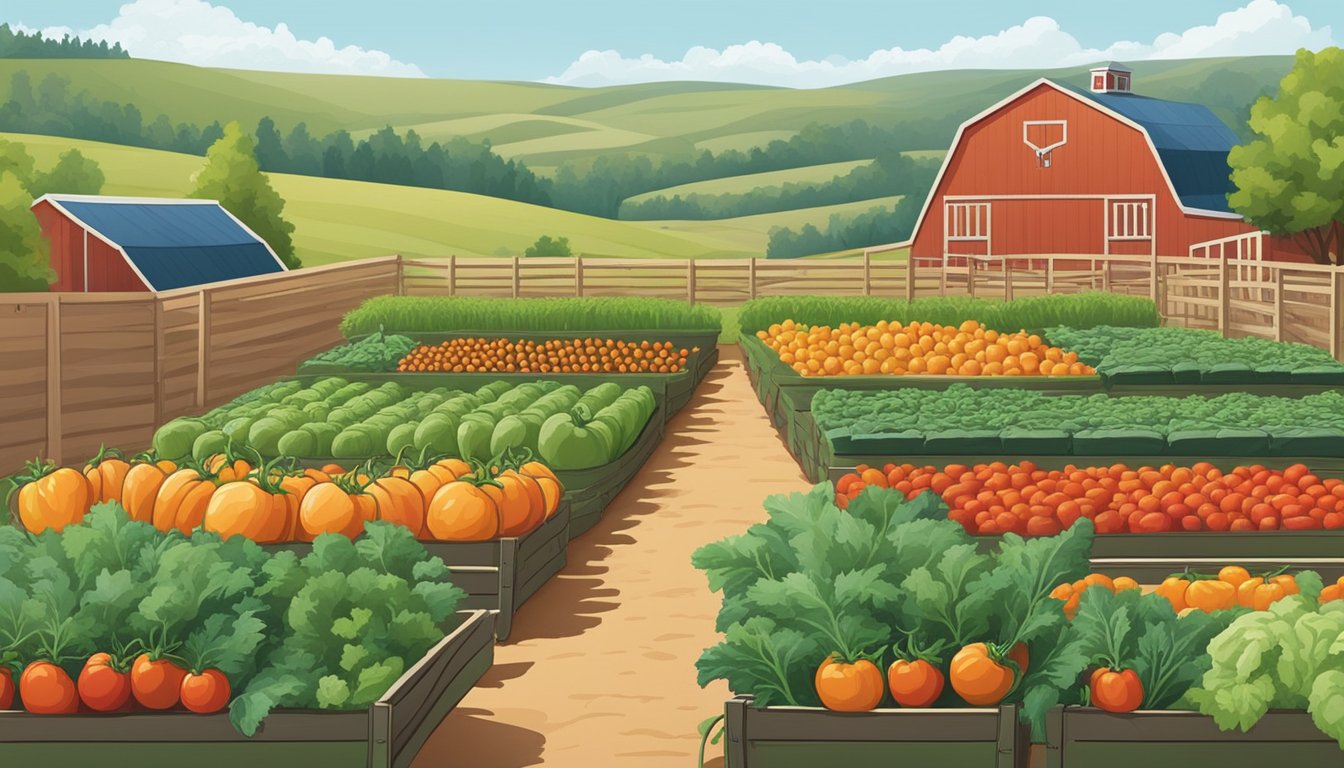 A sunny garden plot with rows of thriving vegetables like tomatoes, peppers, and carrots, surrounded by the rolling hills of South Dakota