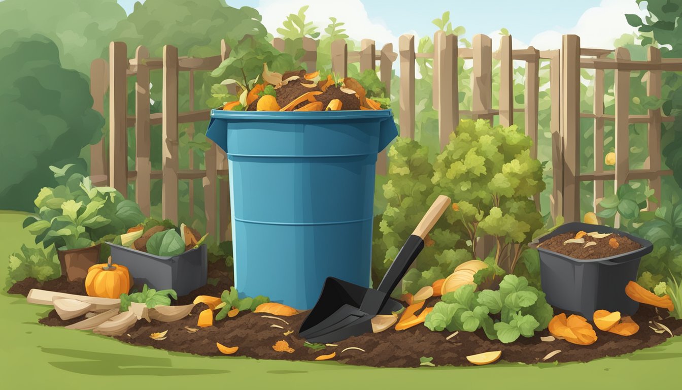 A backyard compost bin with various food scraps, yard waste, and a shovel nearby