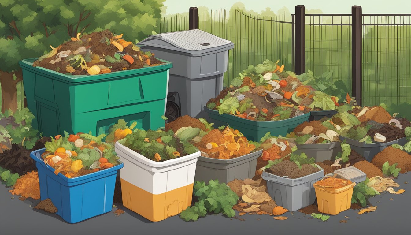 A diverse array of food scraps, yard waste, and controversial materials piled next to a compost bin, surrounded by question marks