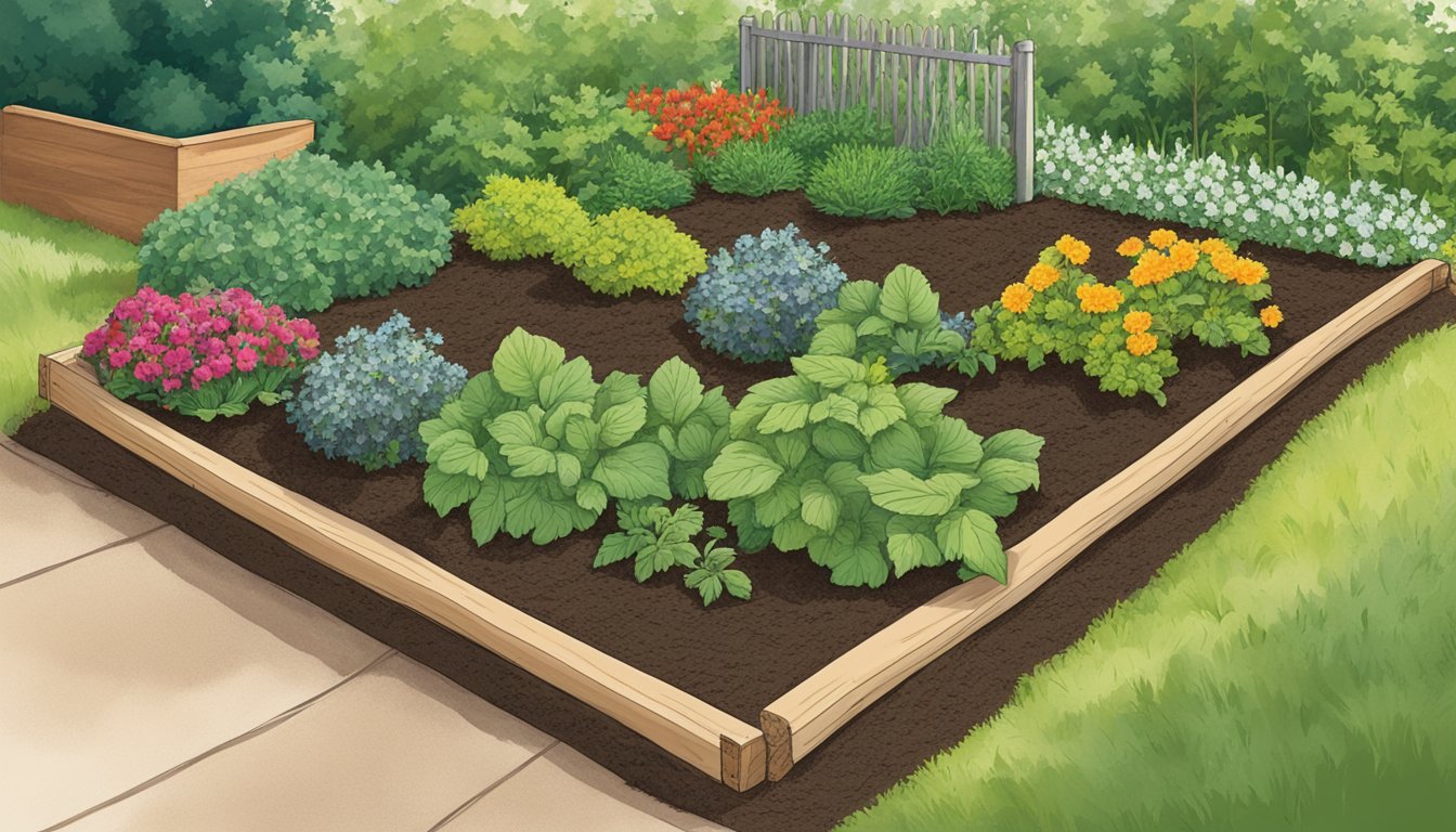 A garden bed in South Dakota, with mulch spread around the base of healthy vegetable plants, and a weed-free soil