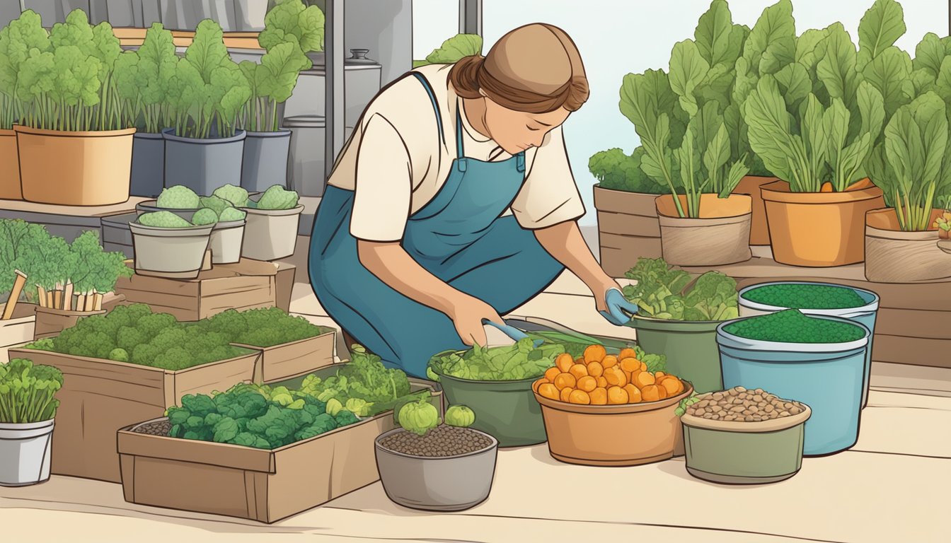 A person selecting vegetable seeds from a variety of packets, with gardening tools and pots nearby