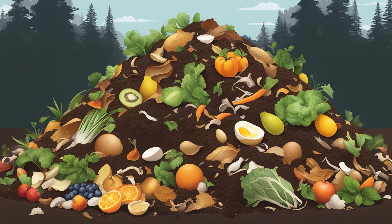 A pile of finished compost surrounded by various food scraps, such as fruit peels, vegetable trimmings, and eggshells, all decomposing and blending into the rich, dark soil