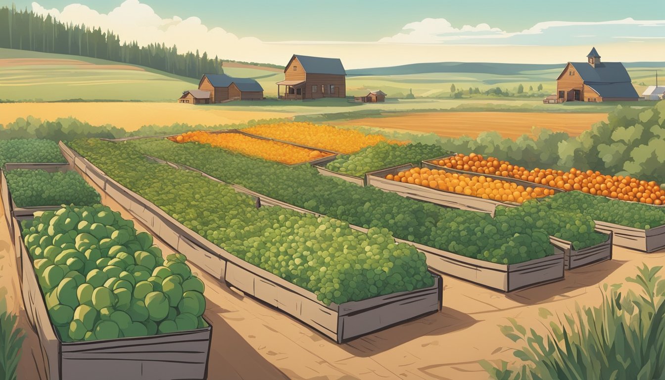 A garden filled with ripe vegetables being harvested and carefully stored in baskets and bins, with the South Dakota landscape in the background