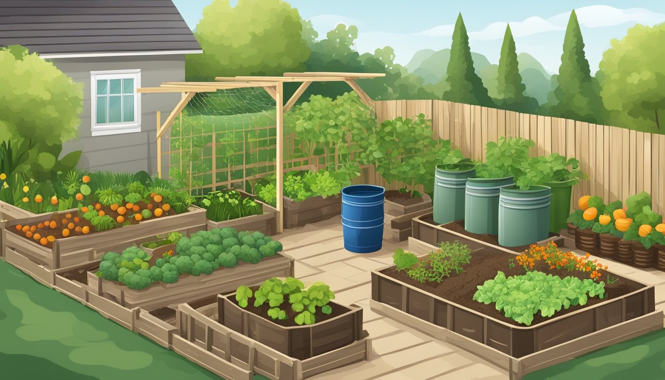 Lush garden with raised beds, trellises, and various vegetables growing. Rain barrels collect water, while a compost bin enriches the soil