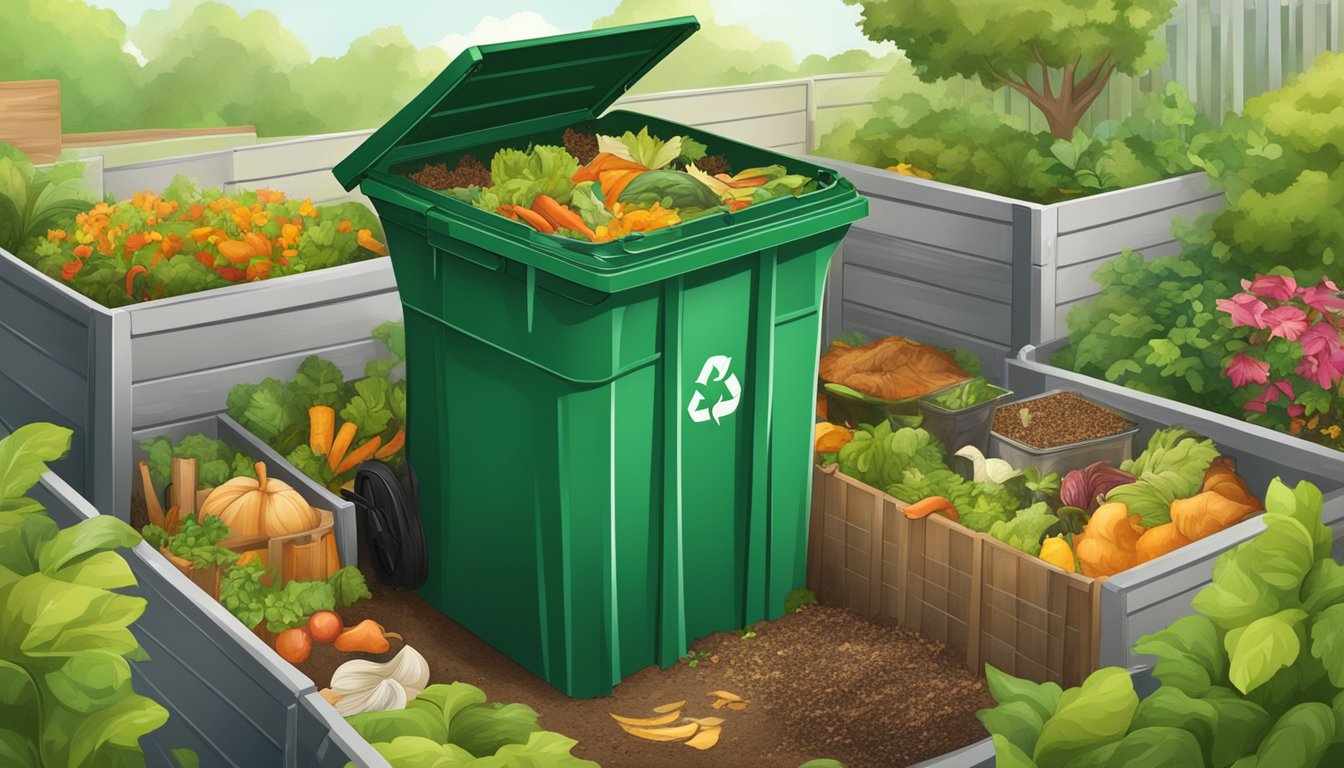 A compost bin filled with various food scraps and organic waste, surrounded by a lush garden and recycling bins