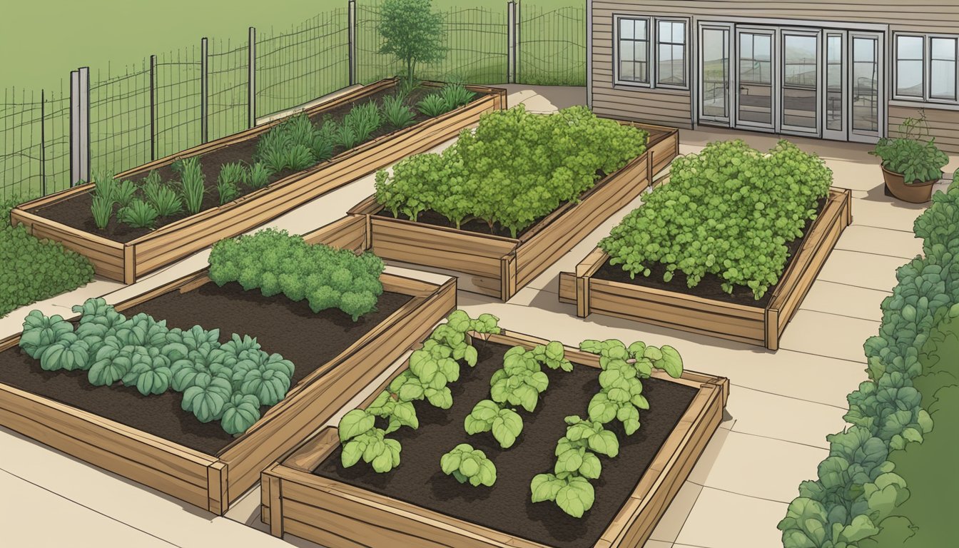 Lush vegetable garden in South Dakota, featuring raised beds, drip irrigation, and trellises for vertical growing