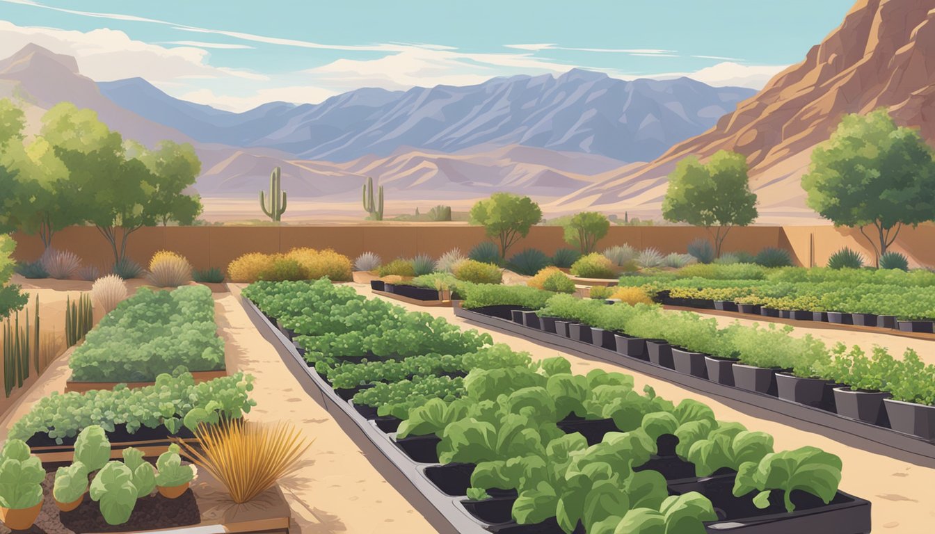 A sunny Utah backyard with rows of thriving vegetable plants, surrounded by arid desert landscape and distant mountains