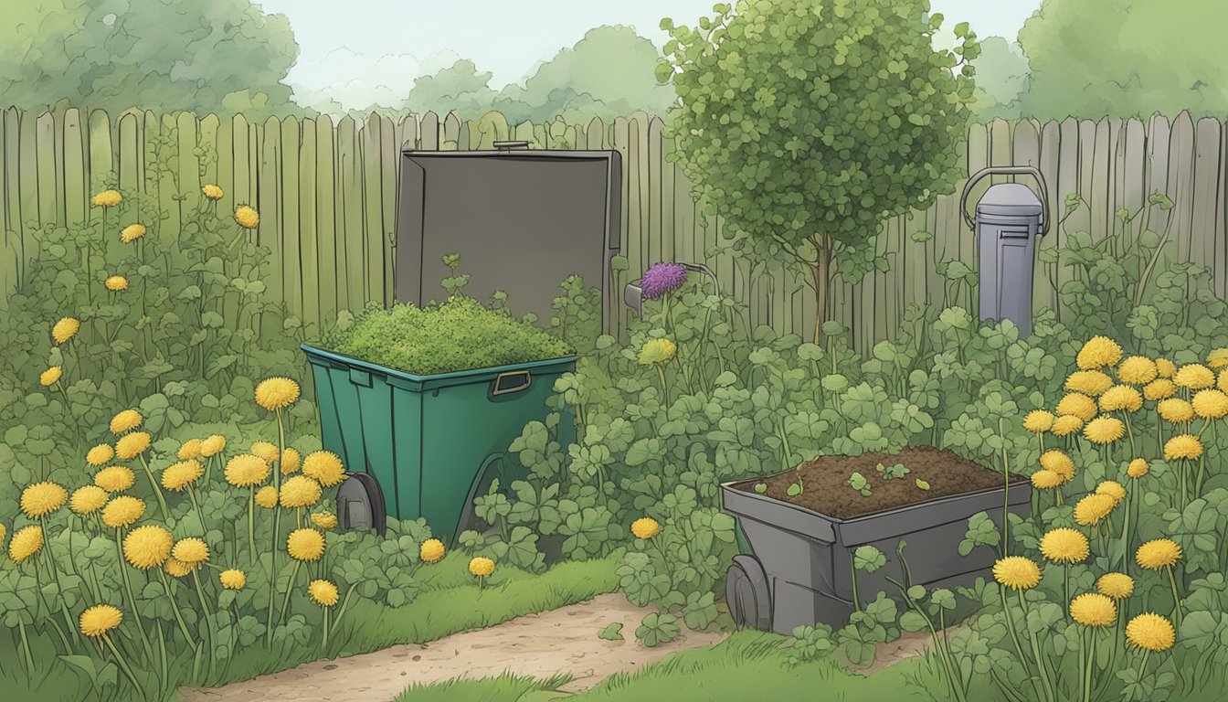 Various weeds scattered in a garden, including dandelions, thistles, and clover. A compost bin sits nearby, ready to receive the discarded plants