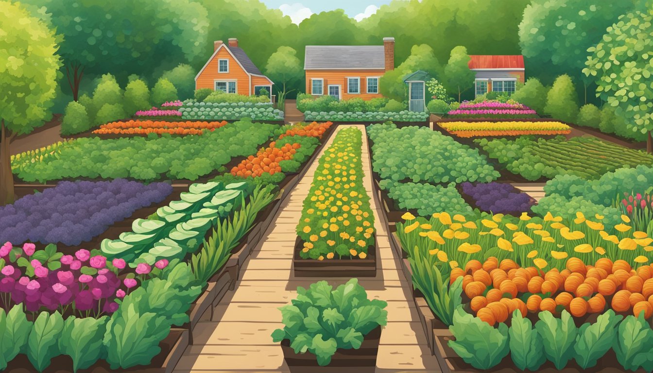 A lush vegetable garden in Pennsylvania, with rows of vibrant green plants, colorful flowers, and a variety of vegetables growing in the rich soil