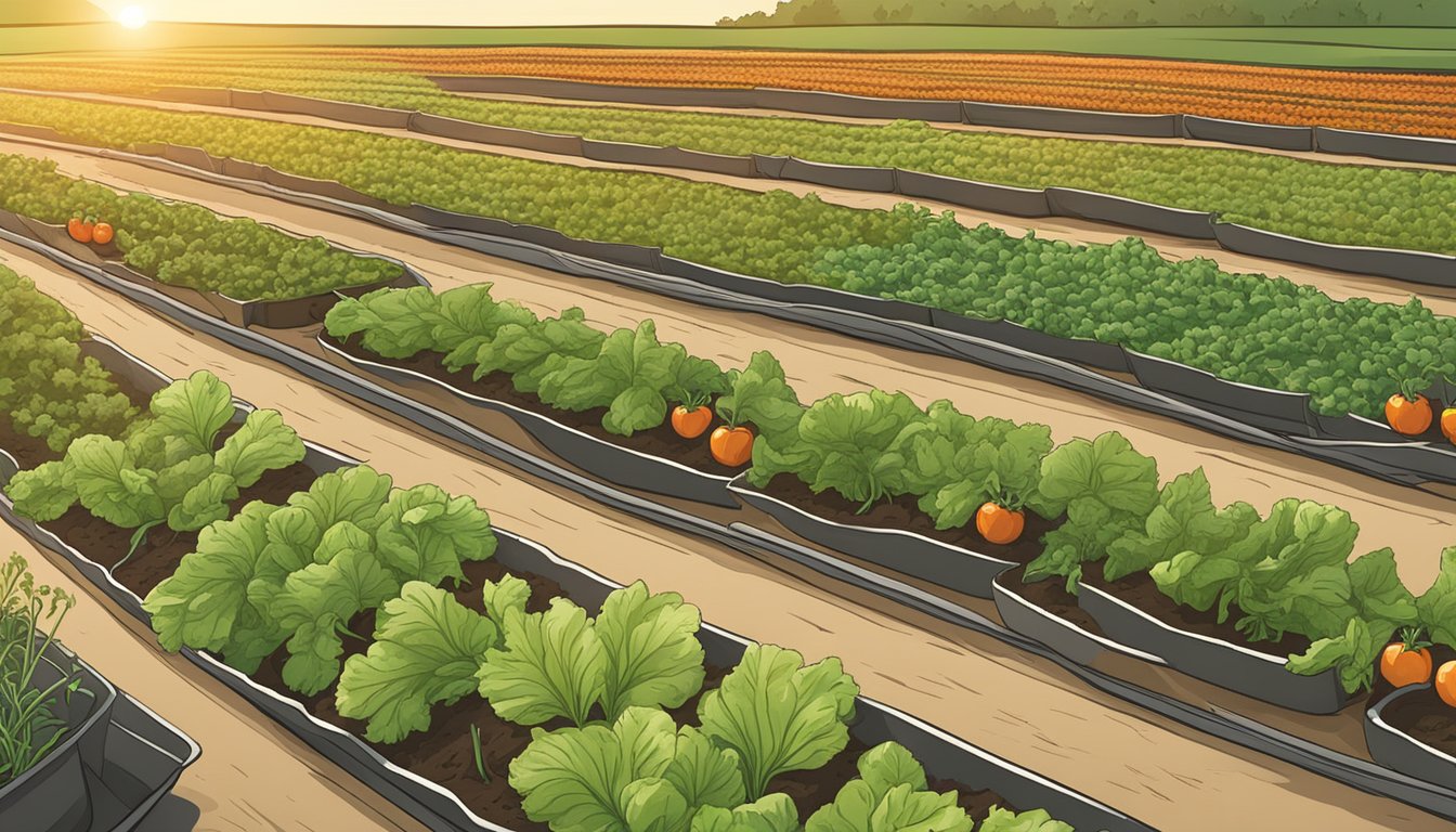 A garden plot in Pennsylvania with rows of carrots, tomatoes, peppers, and lettuce growing under the warm sun