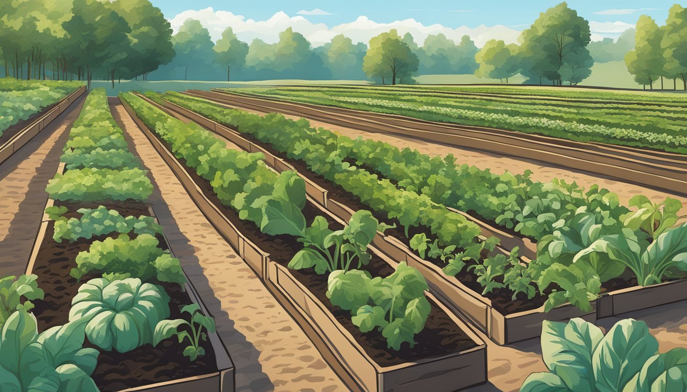 A sunny garden in Virginia with rich, dark soil and rows of thriving vegetable plants under a clear blue sky