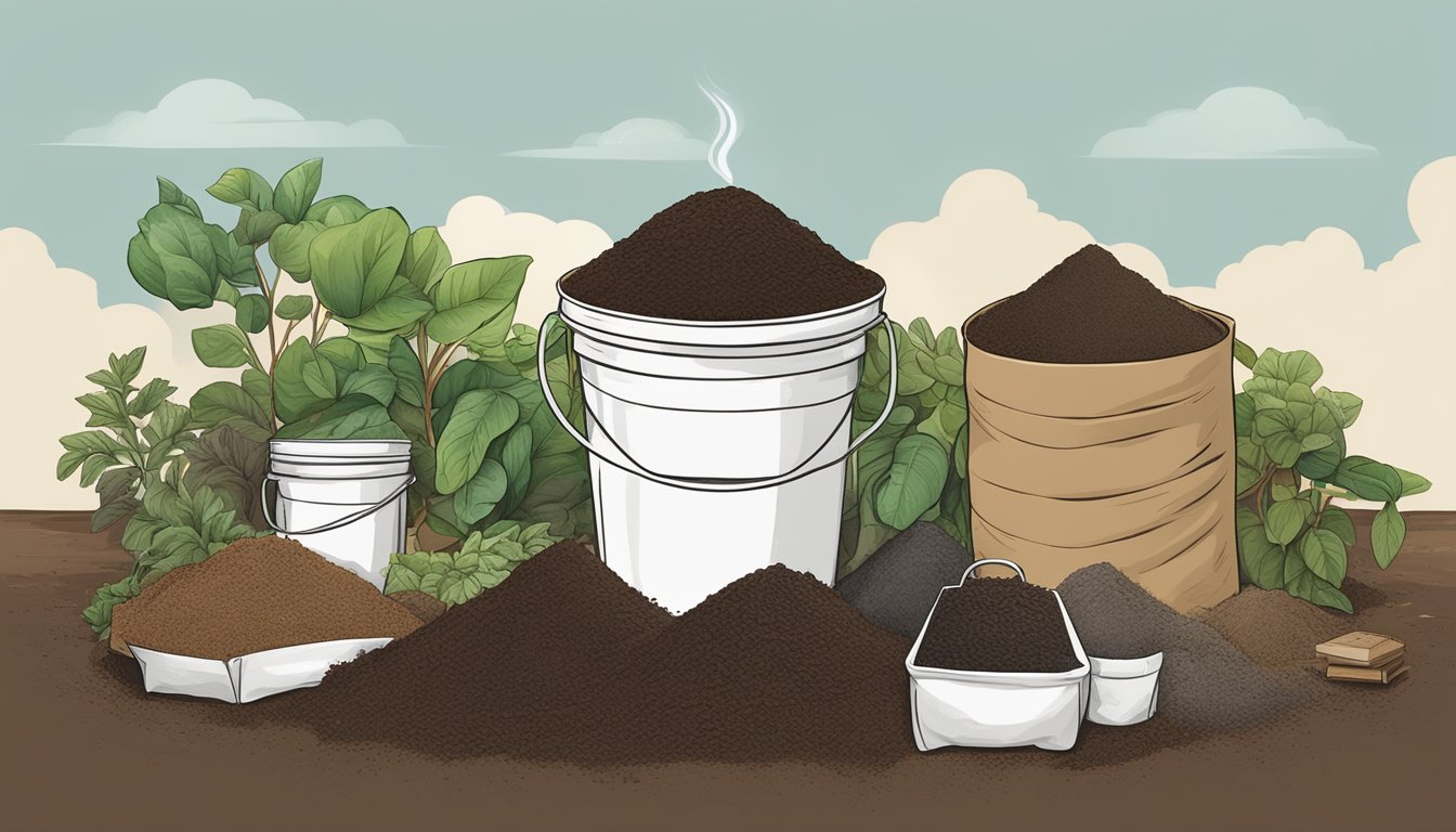 Coffee grounds being mixed into a compost pile, surrounded by bags of soil amendment and nutrient profiles