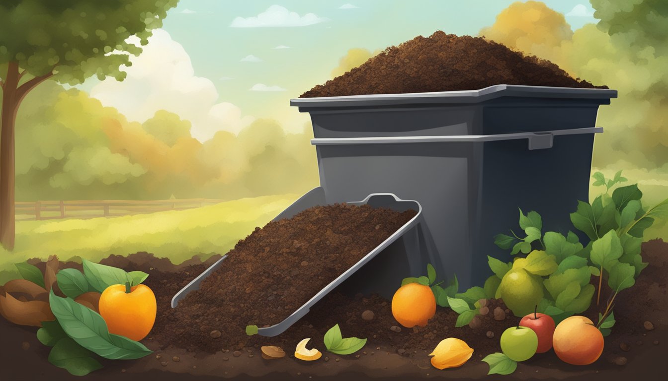 Coffee grounds mixed with leaves, fruit peels, and grass clippings in a compost bin. Steam rises as the materials decompose, creating a rich, dark soil