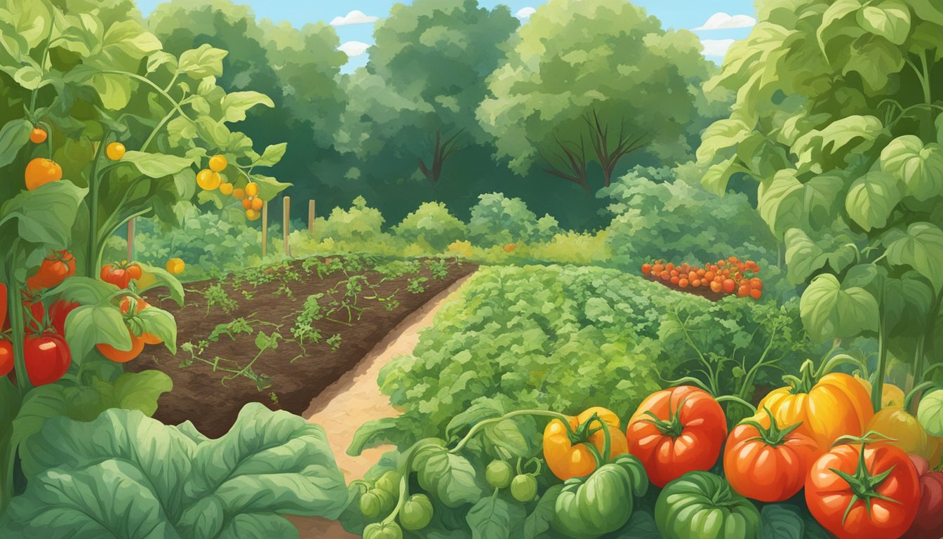 A lush garden plot in Virginia, filled with thriving tomatoes, peppers, squash, and leafy greens, surrounded by fertile soil and dappled sunlight