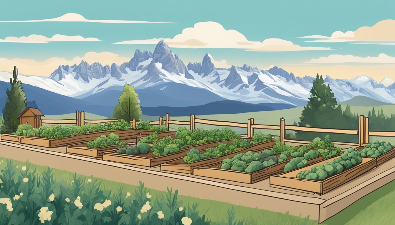 A small vegetable garden in Wyoming, surrounded by windbreaks and with raised beds to combat the short growing season. Snow-capped mountains loom in the distance