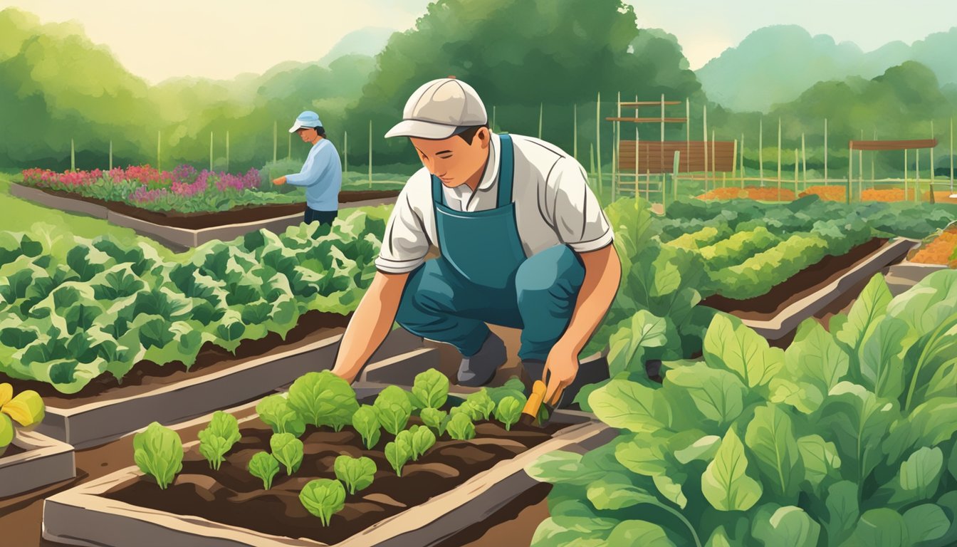 A person tending to a thriving vegetable garden in Virginia, carefully planting and maintaining the crops among the green foliage and rich soil